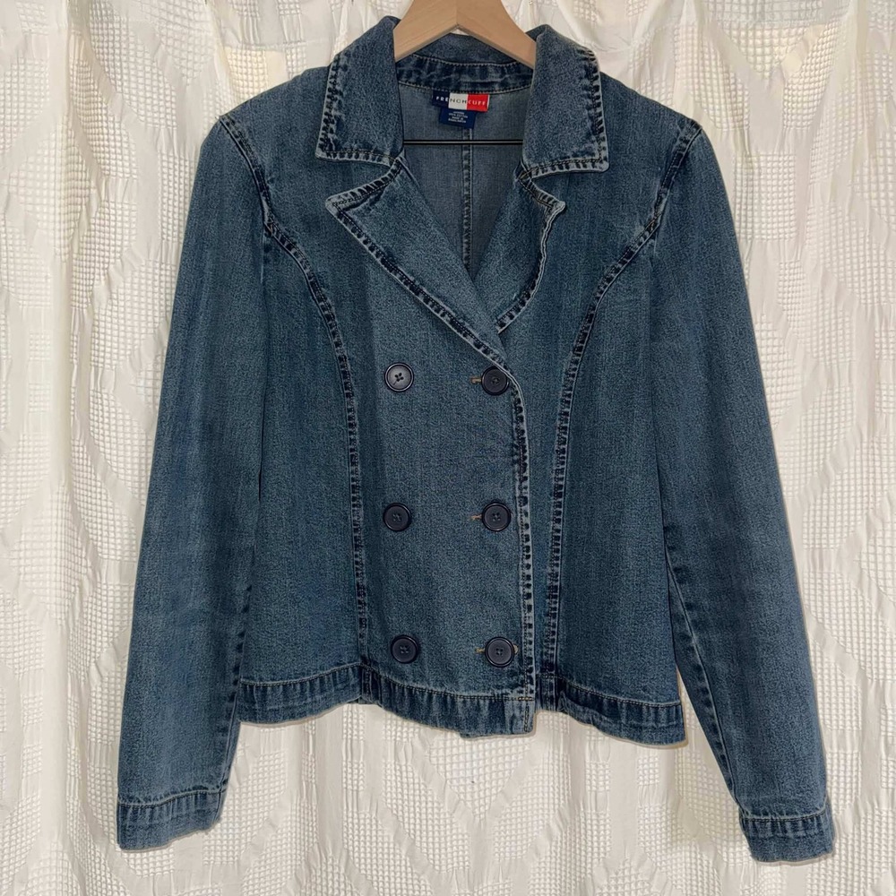 French Cuff Denim Blazer Jacket Medium Wash Double Breasted Preppy Fall Blue Med